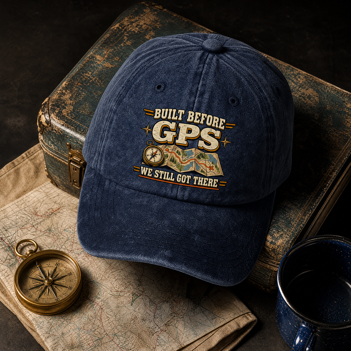 Navy vintage washed cap with printed Built Before GPS We Still Got There slogan