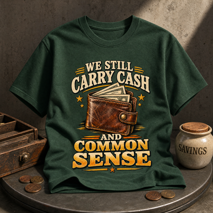 Dark green vintage t-shirt with printed We Still Carry Cash And Common Sense slogan