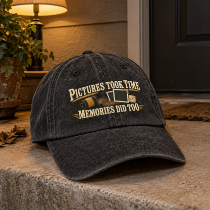 Vintage washed cap with printed Pictures Took Time. Memories Did Too slogan and camera design