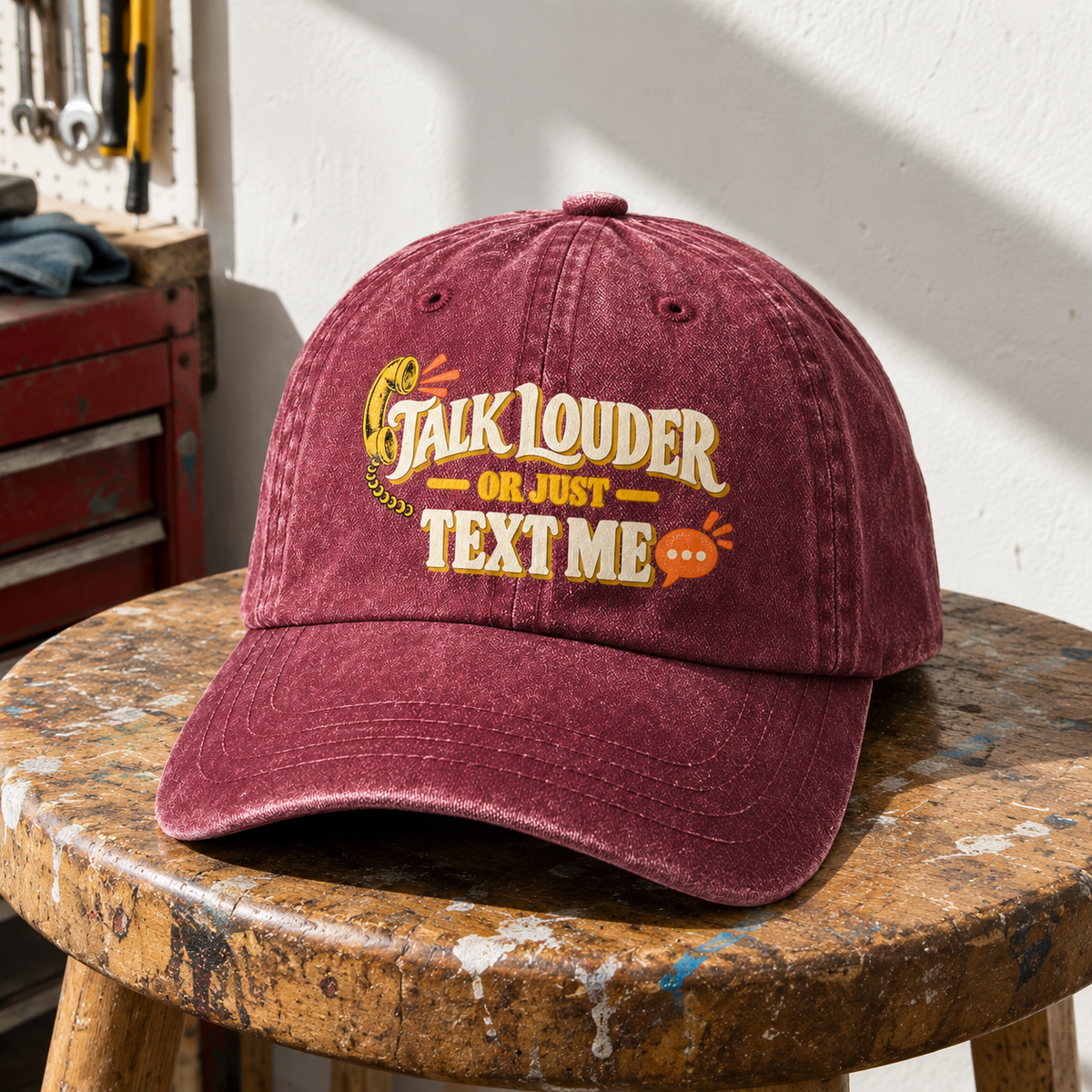 Burgundy vintage washed cap with printed Talk Louder Or Just Text Me slogan, front view.