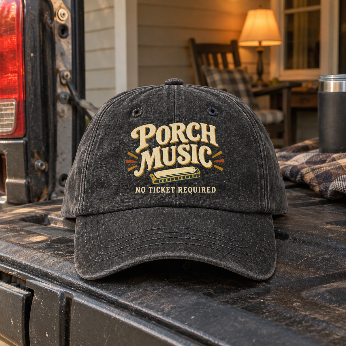Black vintage washed cap with Porch Music No Ticket Required printed design on front