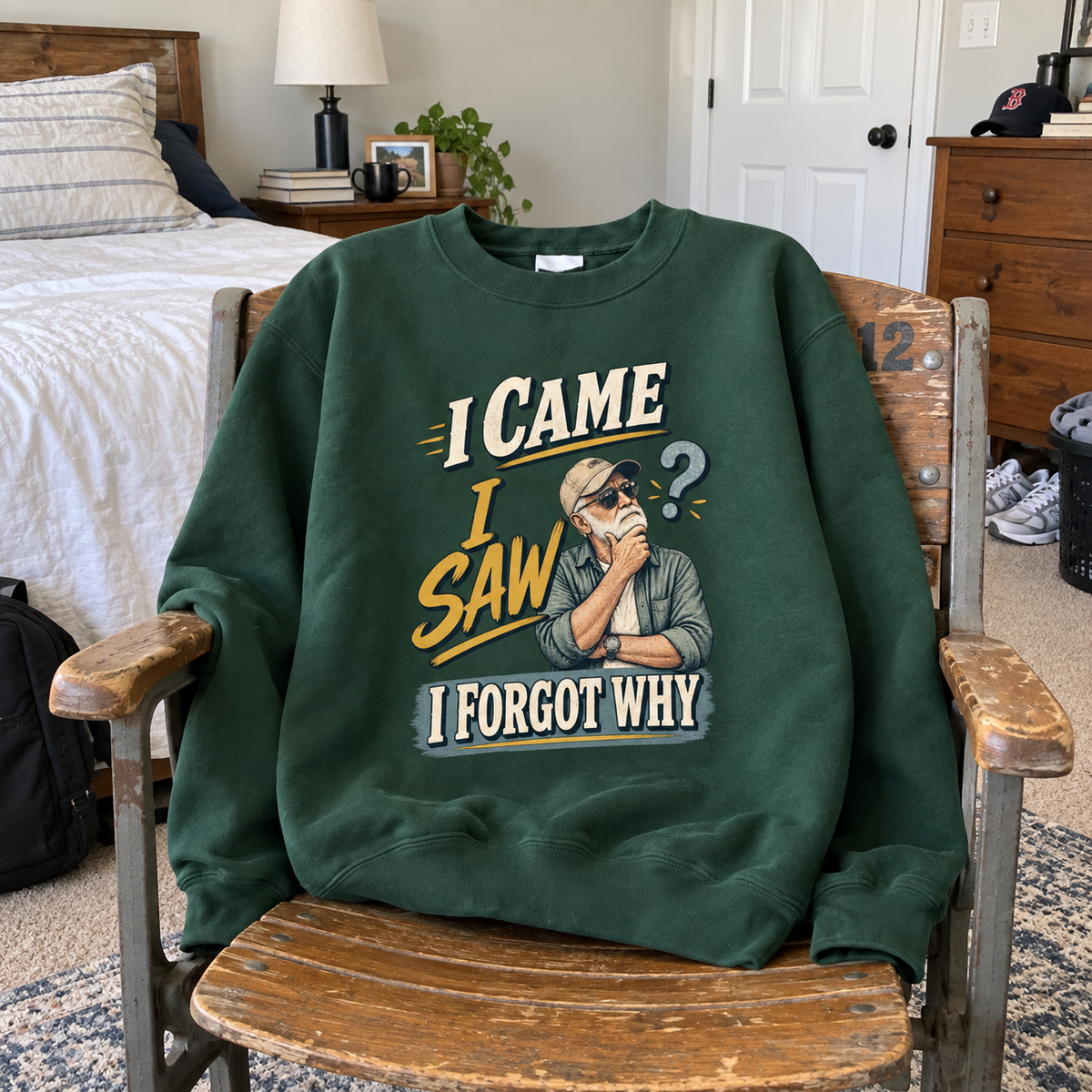Green vintage sweatshirt printed with I Came I Saw I Forgot Why and senior man