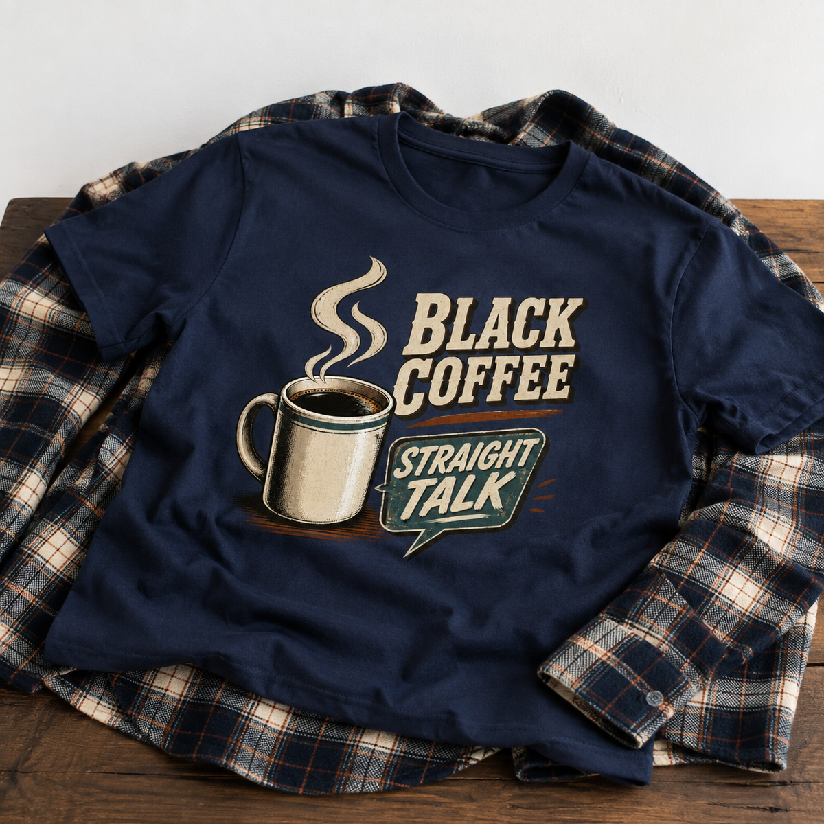 Navy vintage t-shirt with printed Black Coffee Straight Talk design and coffee mug graphic