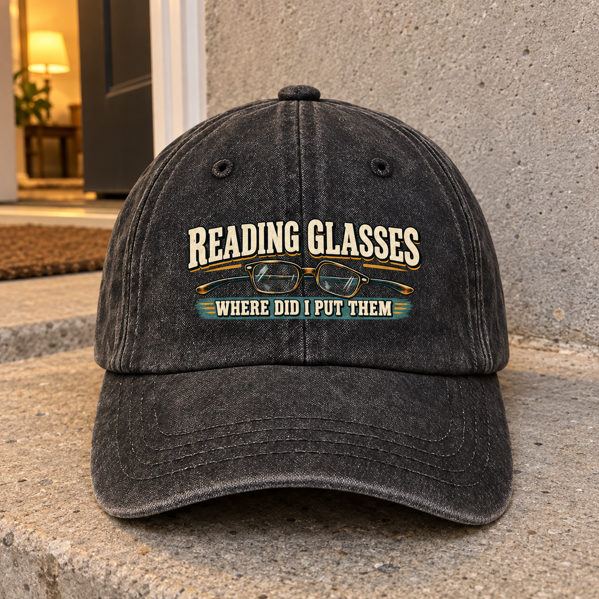 Black vintage washed cap with printed glasses and Reading Glasses Where Did I Put Them