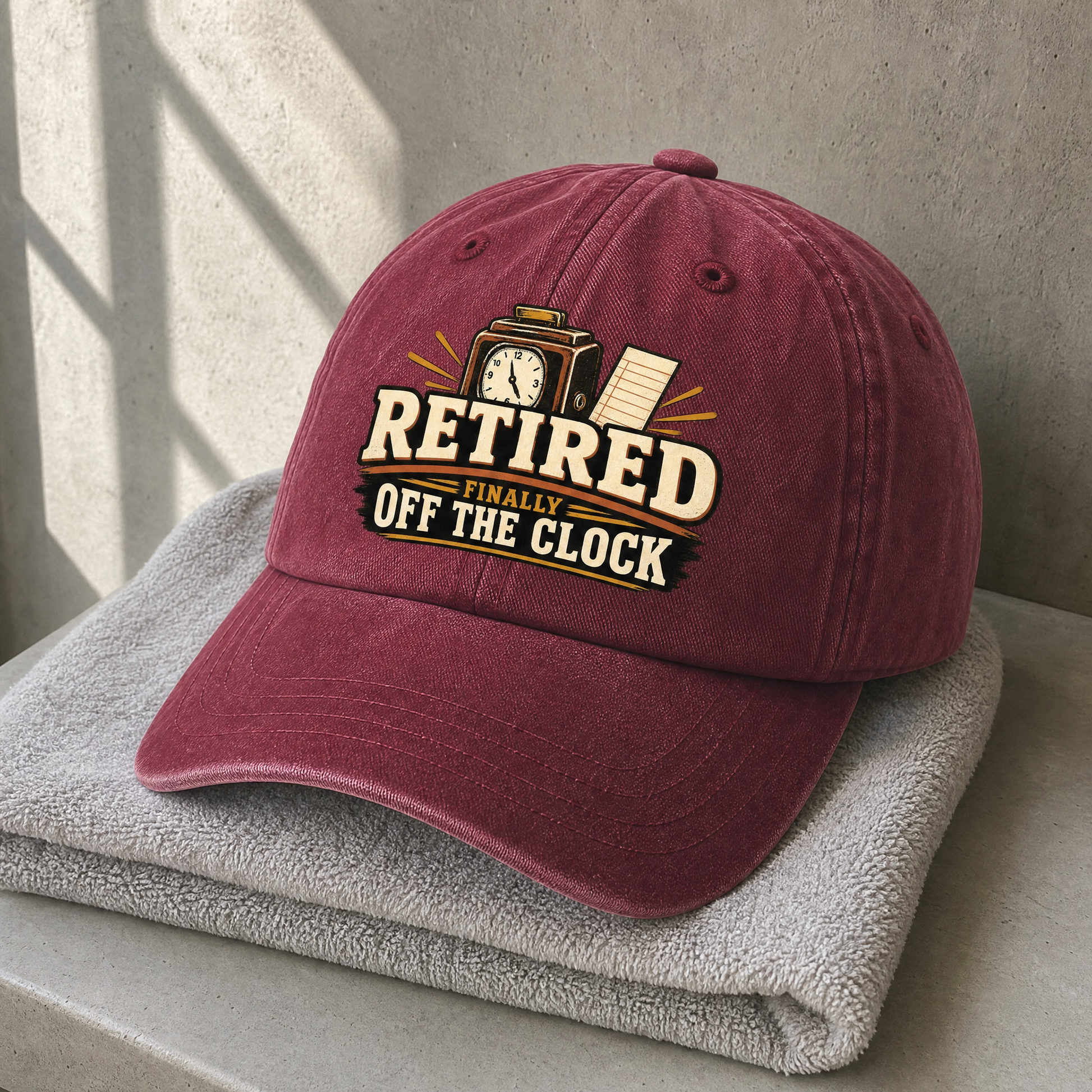 Burgundy vintage washed cap printed with Retired Finally Off The Clock slogan, hero view