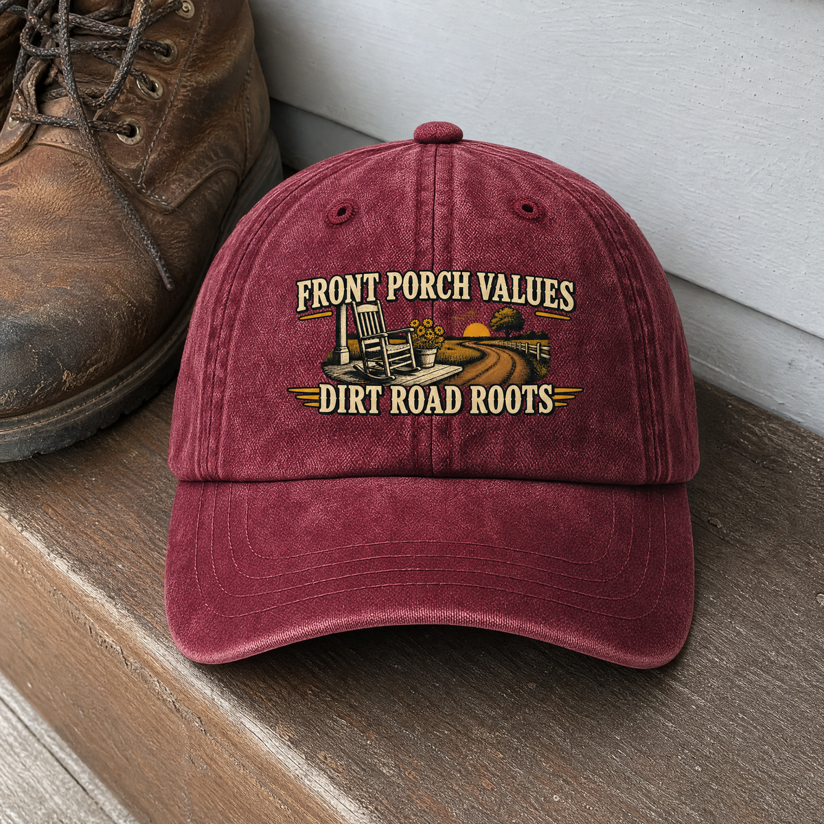 Burgundy vintage washed cap with printed Front Porch Values Dirt Road Roots design