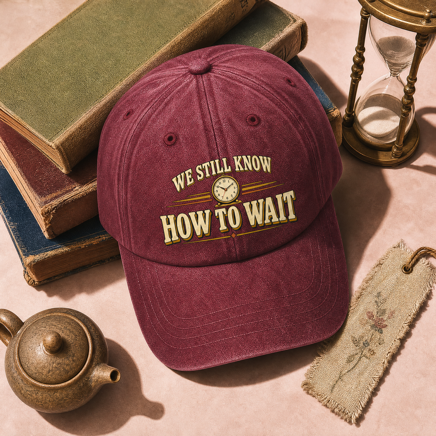 Vintage washed burgundy cap with printed “We Still Know How To Wait” slogan and clock design.