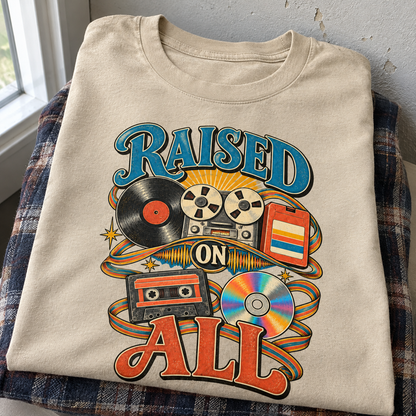 Beige vintage t-shirt with printed Raised On All retro music design, front view