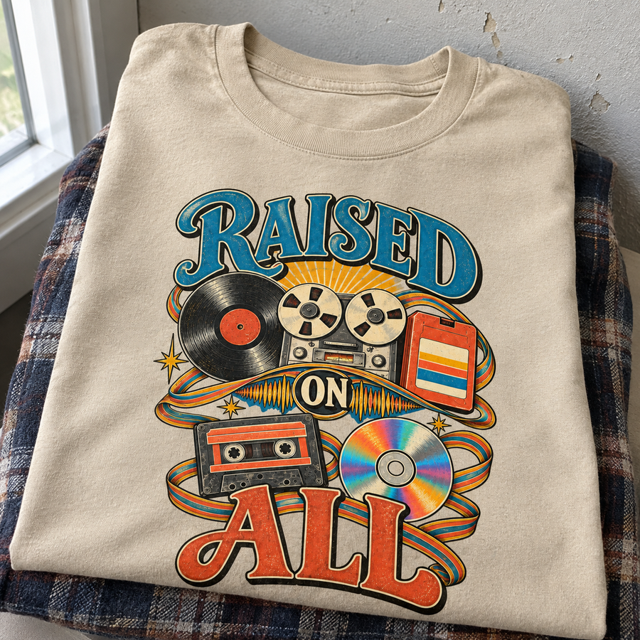 Beige vintage t-shirt with printed Raised On All retro music design, front view