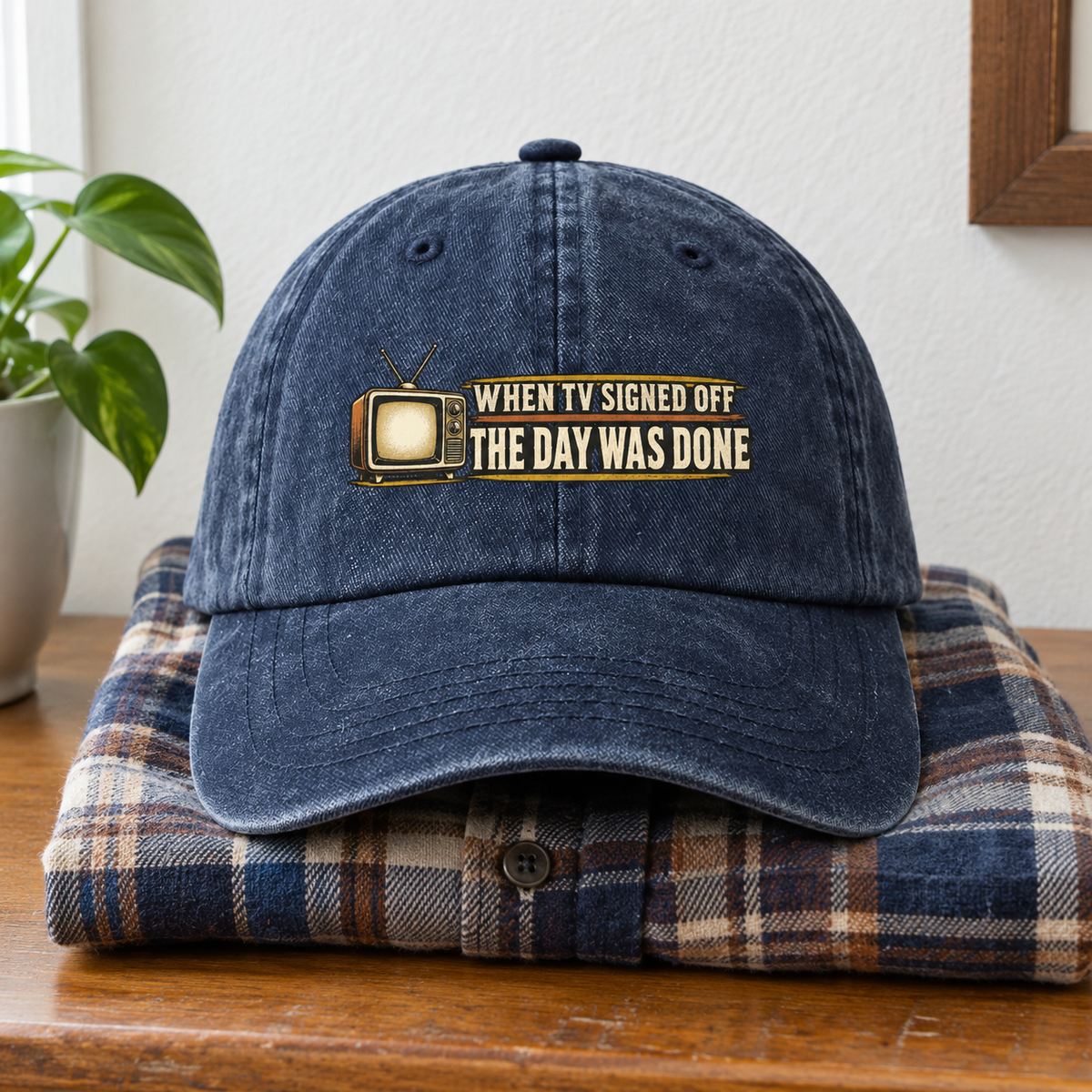 Navy blue vintage washed cap with printed retro TV and When TV Signed Off slogan