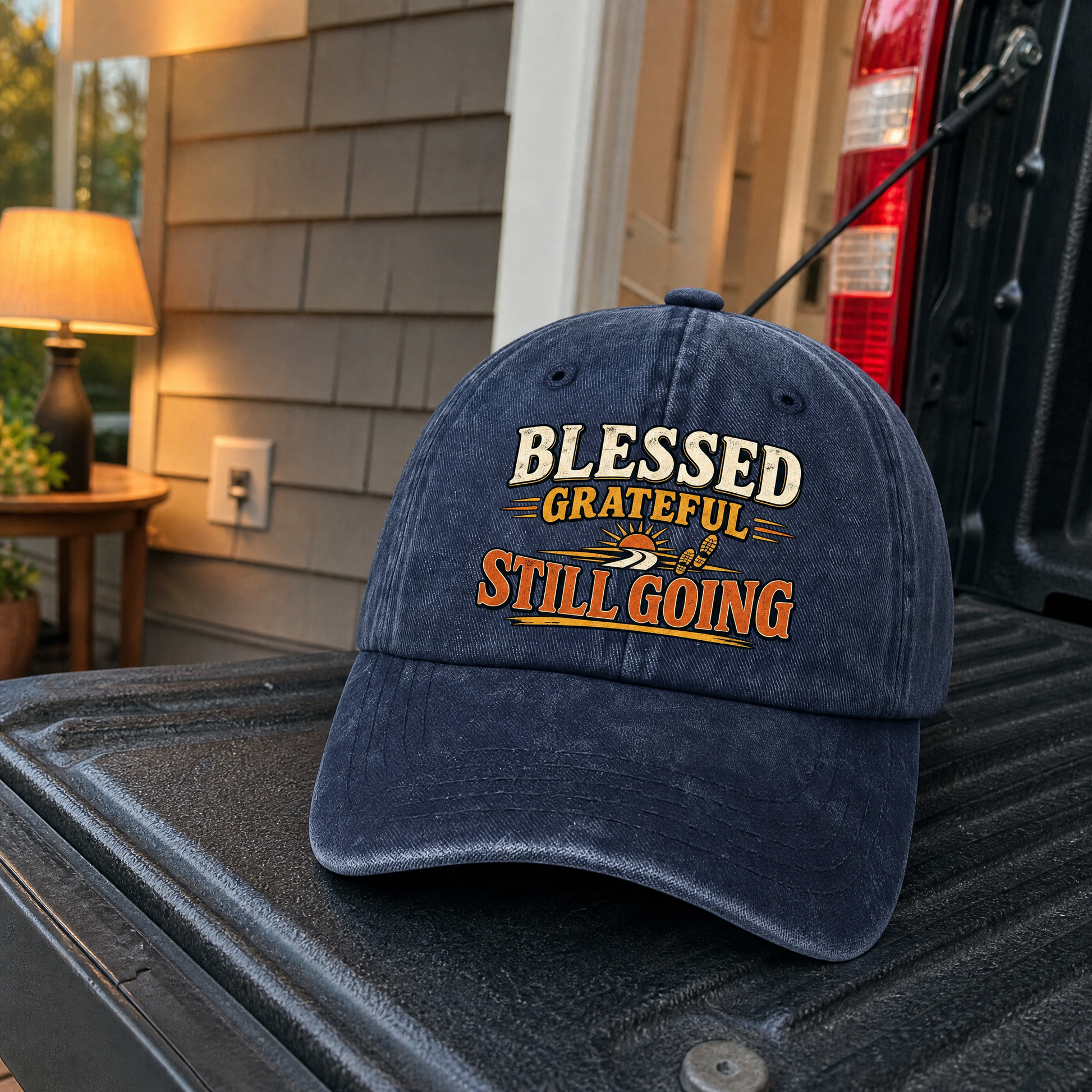 Navy vintage washed cap with printed “Blessed Grateful Still Going” design, front hero view