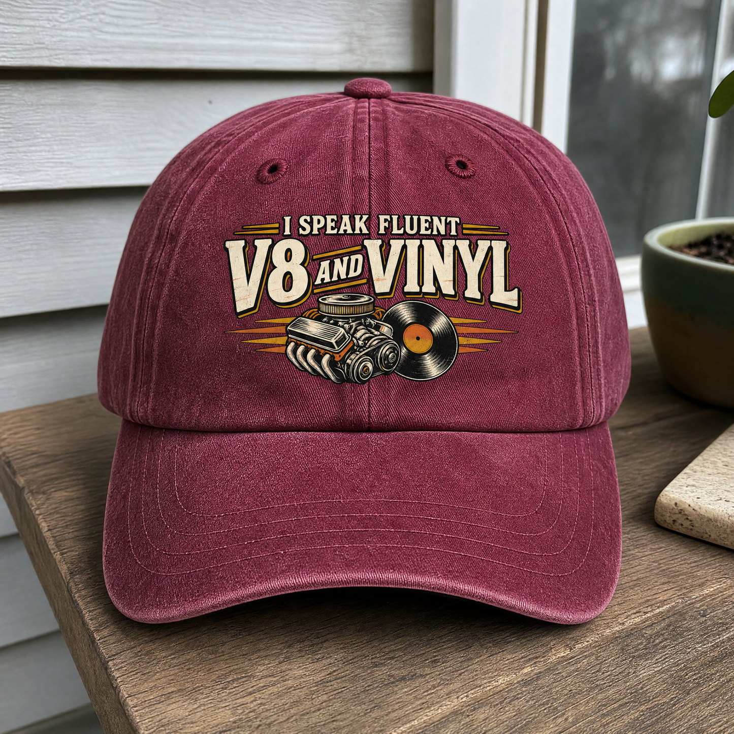 32 V8 and vinyl ideogram 4x TRIM pad80 printed vintage washed cap, hero view