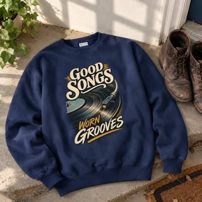 Navy vintage sweatshirt with printed “Good Songs Worn Grooves” vinyl record design, hero view