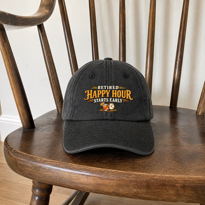 Black vintage washed cap with printed Retired Happy Hour Starts Early slogan, front view.