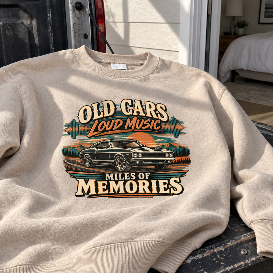 Beige vintage sweatshirt with printed car and Old Cars Loud Music Miles of Memories slogan