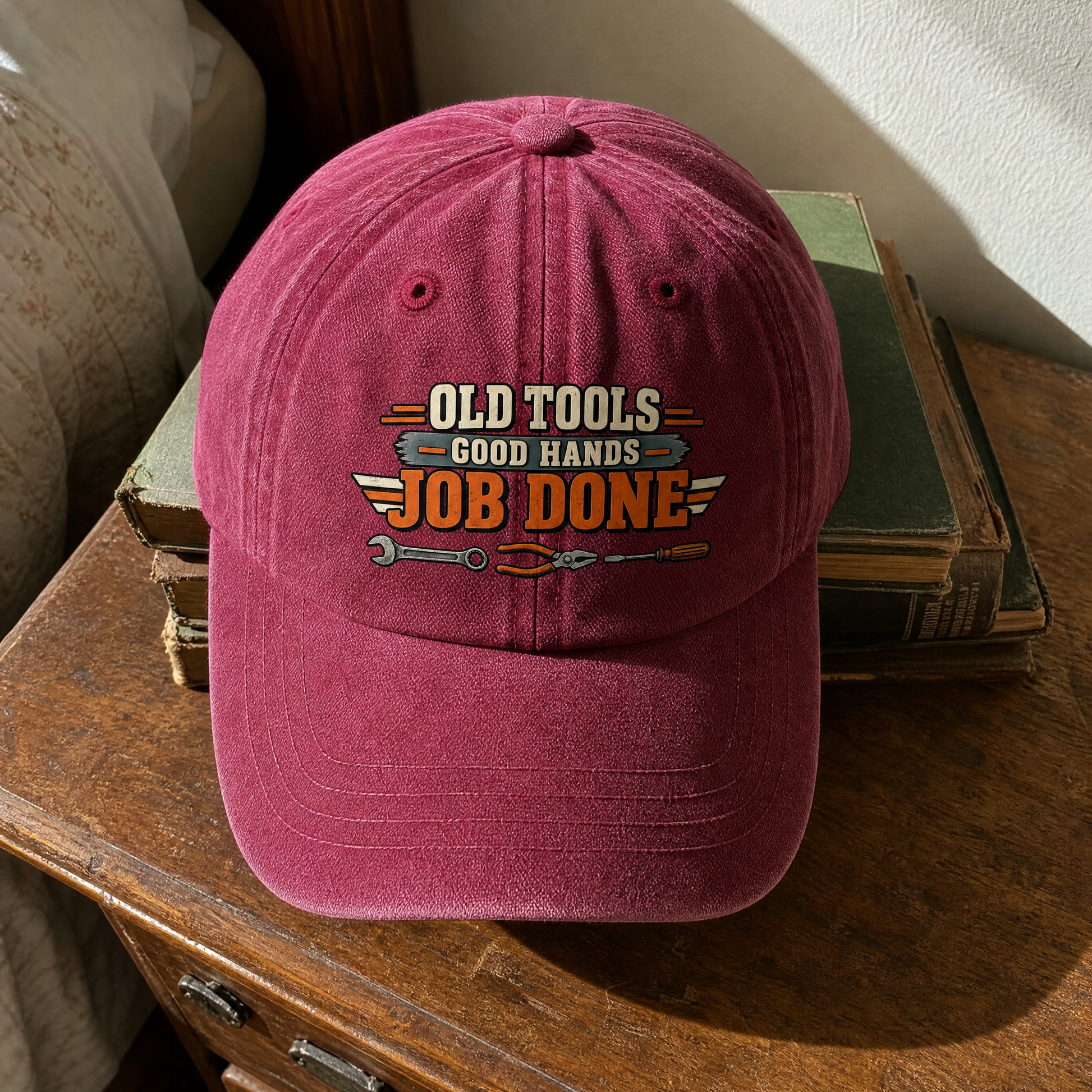 Vintage washed cap with printed “Old Tools Good Hands Job Done” design, front hero view