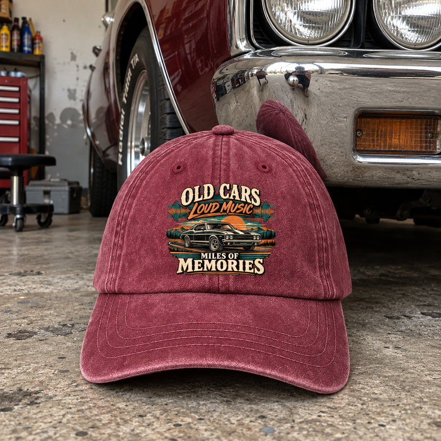 Burgundy vintage washed cap with printed Old Cars Loud Music Miles Of Memories slogan