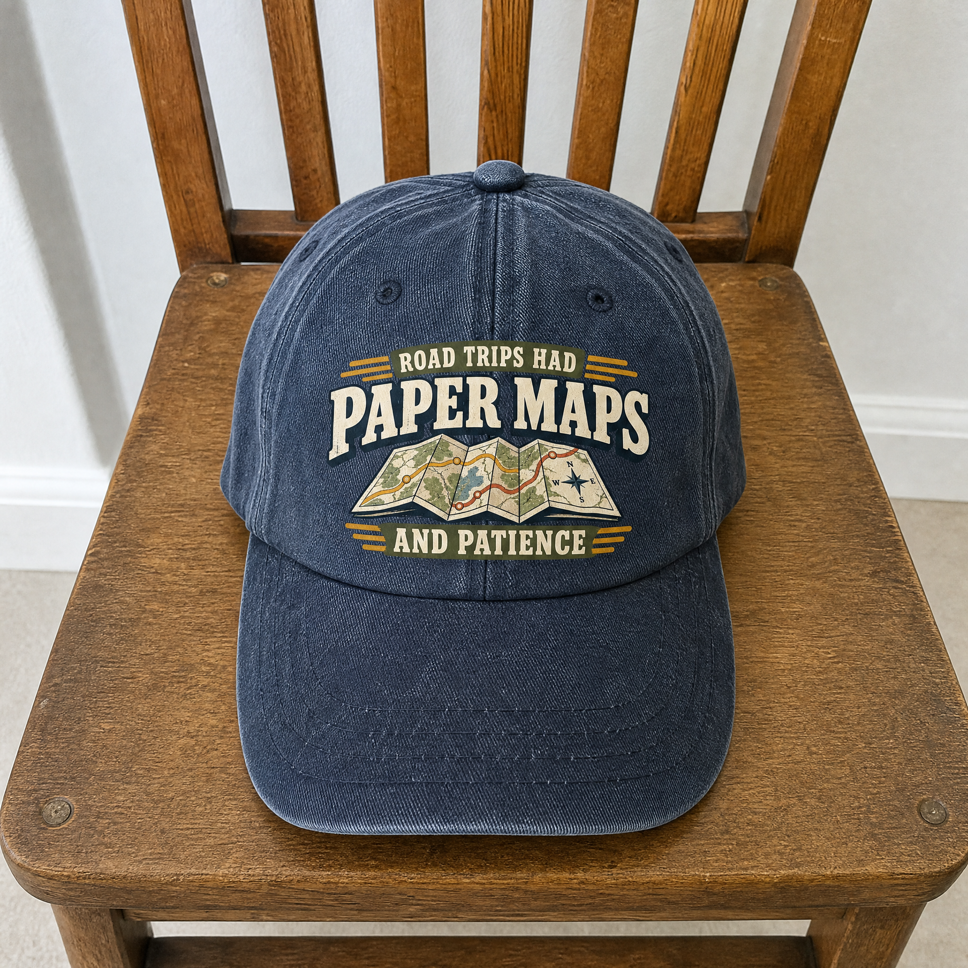 Vintage washed cap with printed Road Trips Had Paper Maps And Patience slogan
