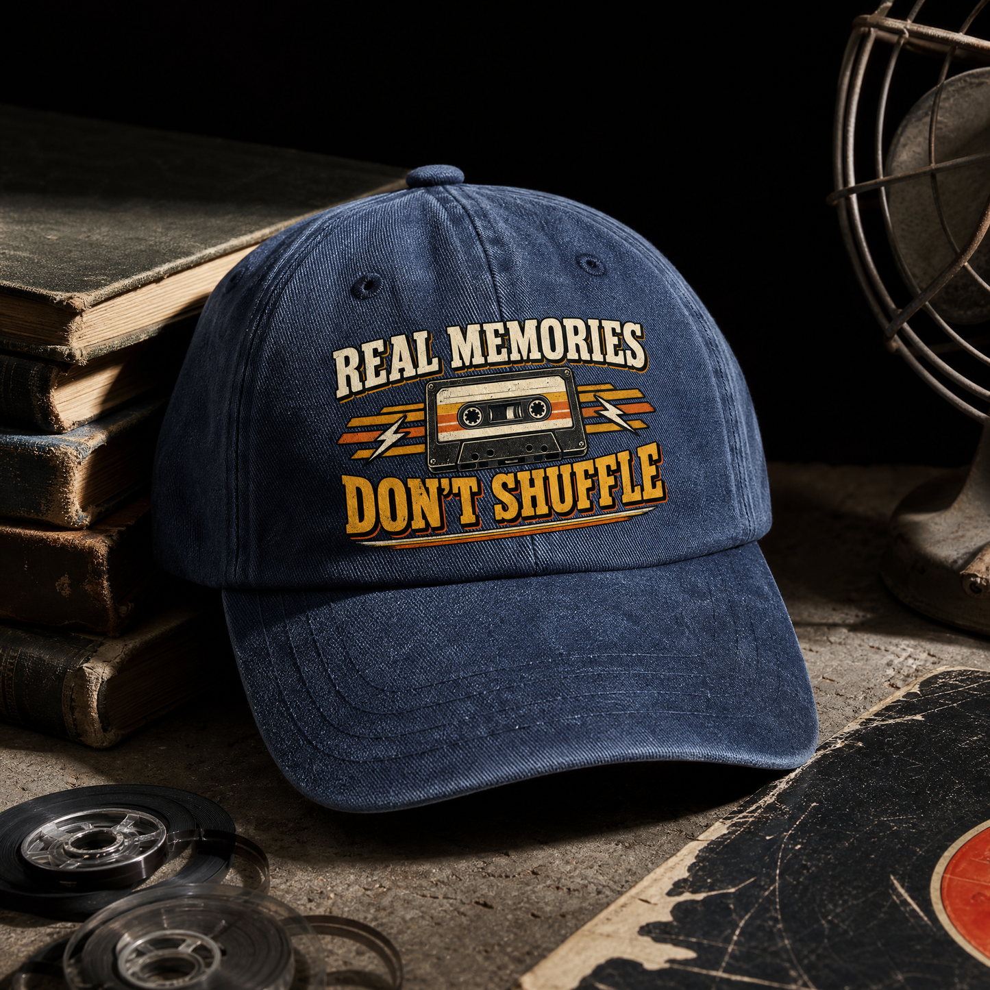 Blue vintage washed cap with printed “Real Memories Don’t Shuffle” cassette design, hero view.