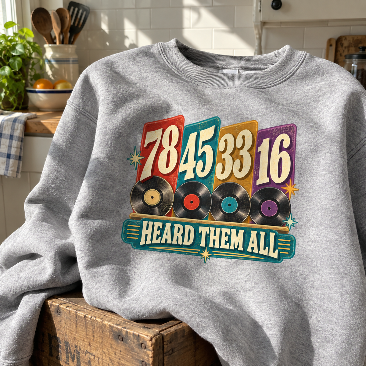 Gray vintage sweatshirt with printed 78 45 33 16, records, and Heard Them All