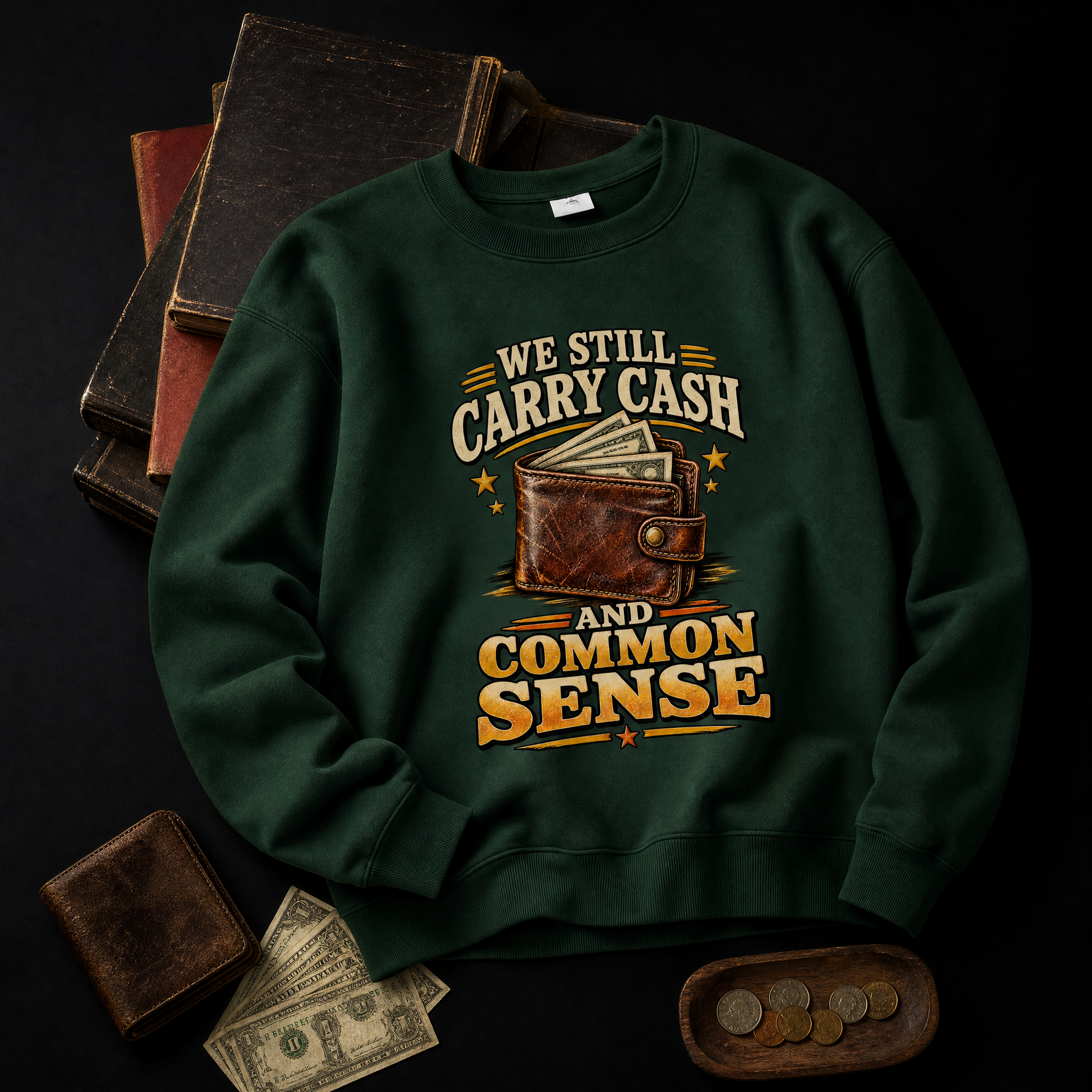 Green vintage sweatshirt with printed We Still Carry Cash And Common Sense slogan