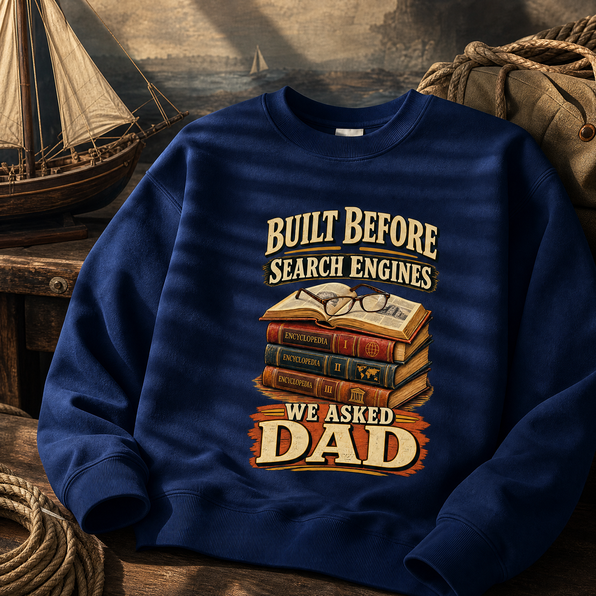 Navy vintage sweatshirt with printed “Built Before Search Engines We Asked Dad” design, hero view.