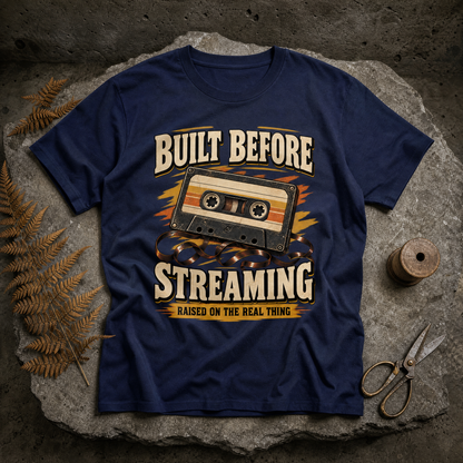 Vintage t-shirt with printed Built Before Streaming Raised On The Real Thing slogan