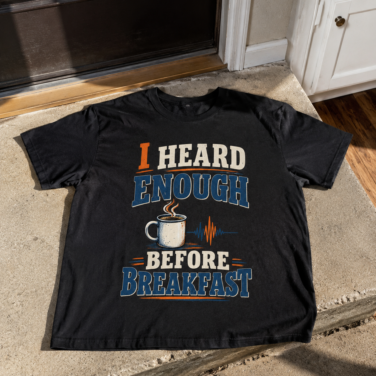 Black vintage t-shirt with printed I Heard Enough Before Breakfast slogan, front view