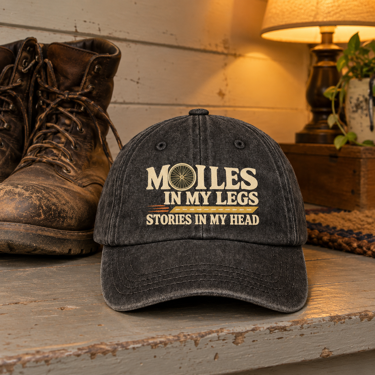 Black vintage washed cap with printed Miles In My Legs Stories In My Head slogan, front view