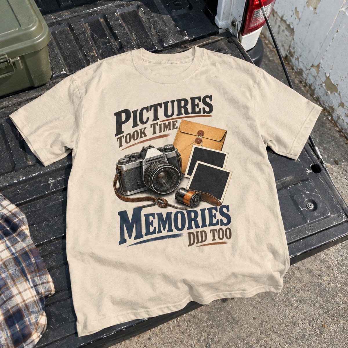 Cream vintage t-shirt with “Pictures Took Time. Memories Did Too” and camera design