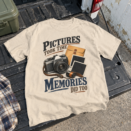 Cream vintage t-shirt with “Pictures Took Time. Memories Did Too” and camera design