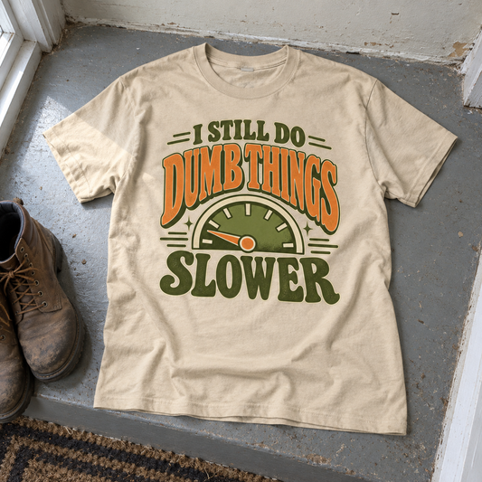 Beige vintage t-shirt with printed speedometer and I Still Do Dumb Things Slower slogan.