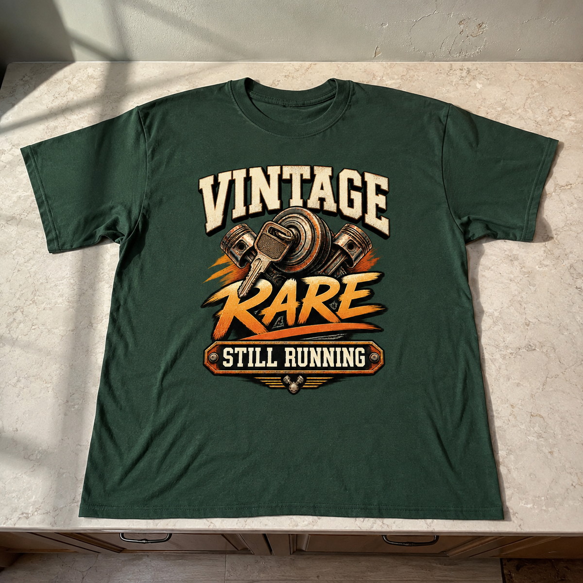 Green vintage t-shirt with printed Vintage Rare Still Running slogan graphic front view