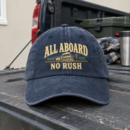 vintage washed cap product shot with All Aboard. No Rush printed design