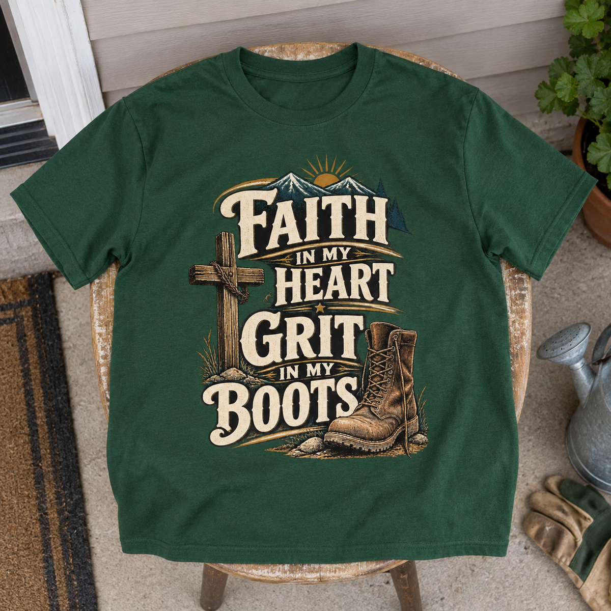 Dark green vintage t-shirt with printed Faith In My Heart Grit In My Boots slogan.