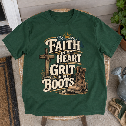 Dark green vintage t-shirt with printed Faith In My Heart Grit In My Boots slogan.