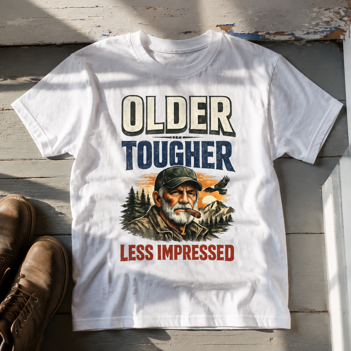 White vintage t-shirt printed with Older Tougher Less Impressed slogan and senior portrait design