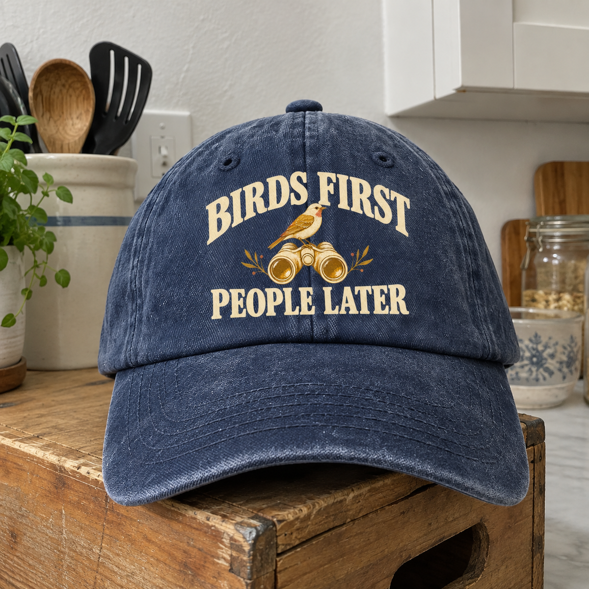 Blue Vintage Washed Cap With Printed Birds First People Later Bird And Binoculars Design