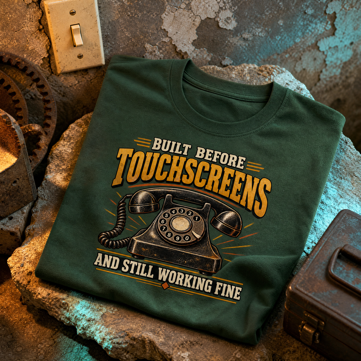Dark green vintage t-shirt with printed “Built Before Touchscreens” slogan and vintage rotary phone.