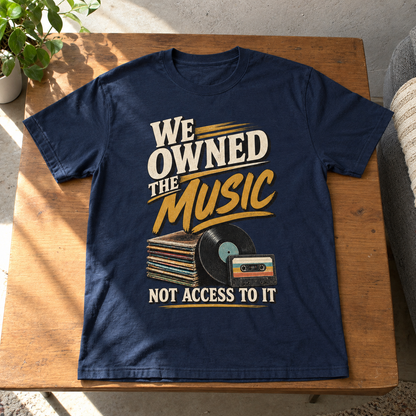 Navy vintage t-shirt with printed music slogan, vinyl records and cassette graphic, hero view