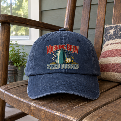 Navy vintage washed cap with printed Morning Brew Zero Bosses coffee design, front view