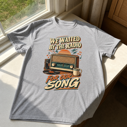 Gray vintage t-shirt with printed “We Waited By The Radio For Our Song” design