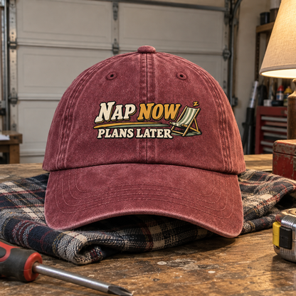 Front view of burgundy vintage washed cap with printed Nap Now Plans Later design.