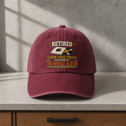 37 Time for the Whole Album printed vintage washed cap, hero view with retro graphic design