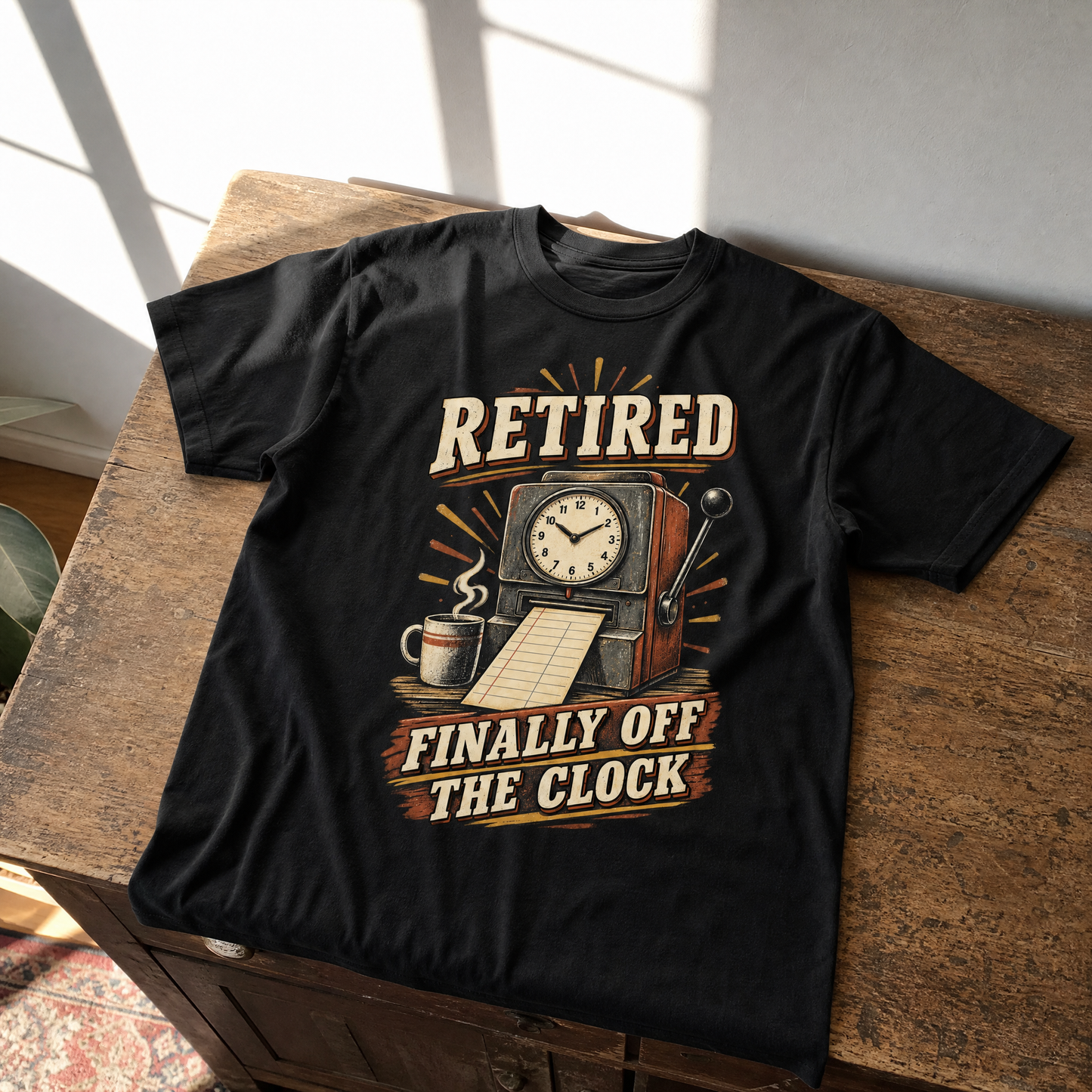 Black vintage t-shirt printed with Retired Finally Off The Clock design, displayed flat.
