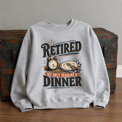 Gray vintage sweatshirt with printed My Only Deadline Is Dinner design on front view