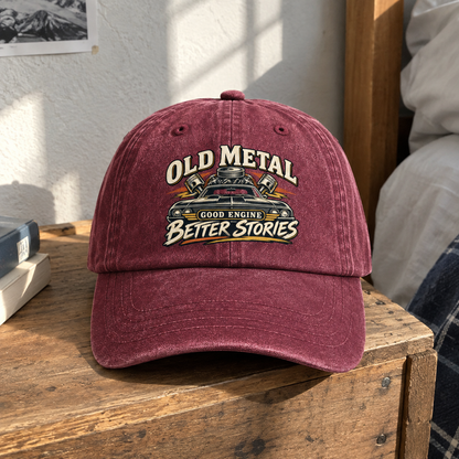 Burgundy vintage washed cap with printed Old Metal Good Engine Better Stories design, front view