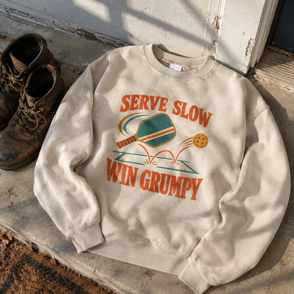 Cream vintage sweatshirt with printed Serve Slow Win Grumpy pickleball design, top-down hero view