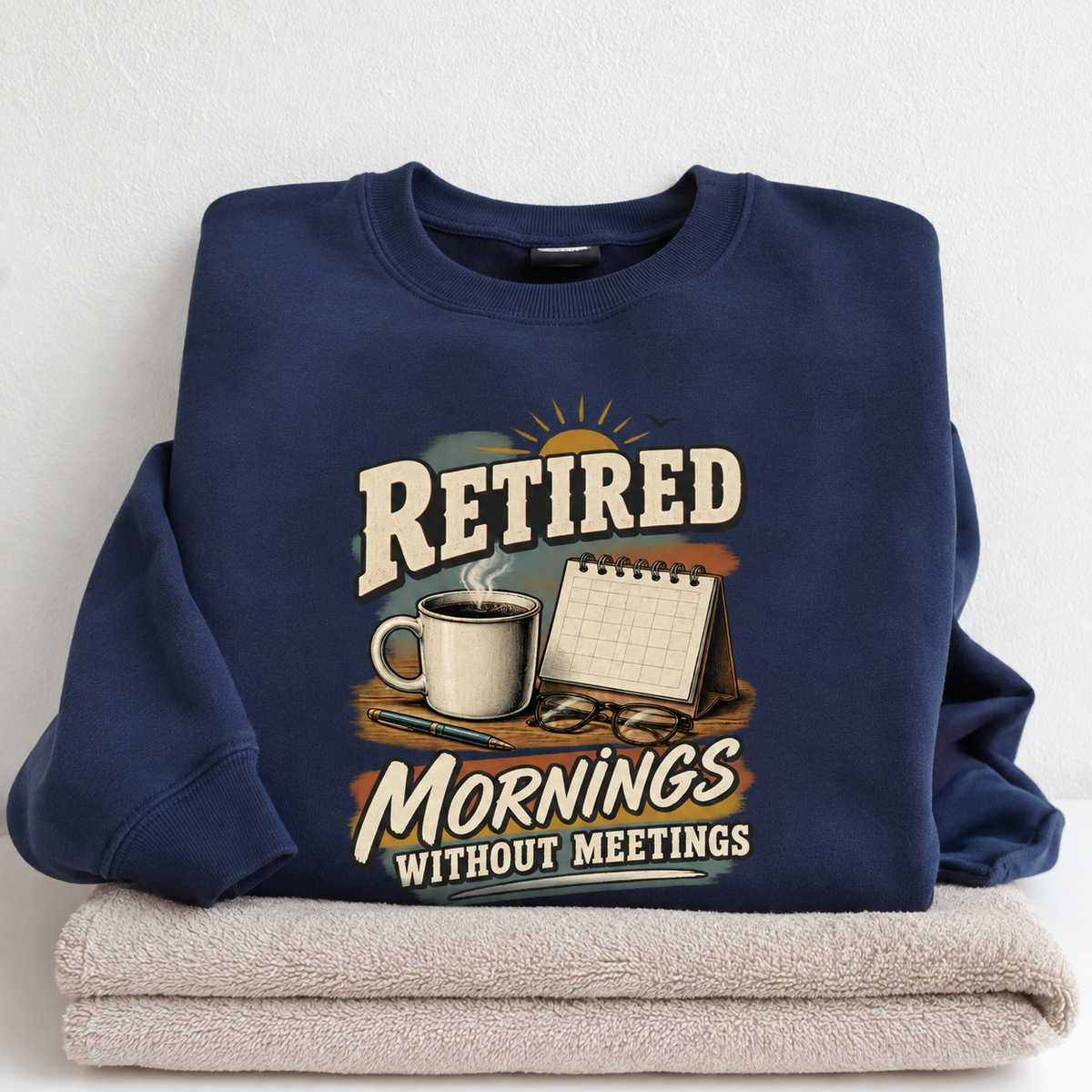 Navy vintage sweatshirt with printed RETIRED and Mornings Without Meetings design, front view