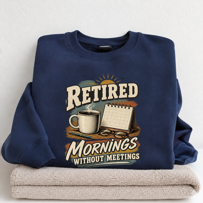 Navy vintage sweatshirt with printed RETIRED and Mornings Without Meetings design, front view